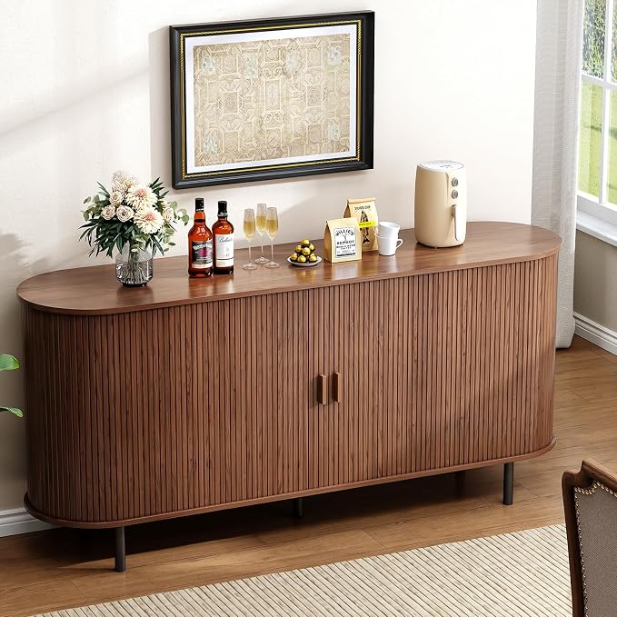 Buffet Cabinet with Storage, Fluted Sideboard Buffet with Sliding Door, Coffee Bar Cabinet with Adjustable Shelf, Console Table, Accent Table for Entryway, Kitchen (Walnut, 63 Inch)