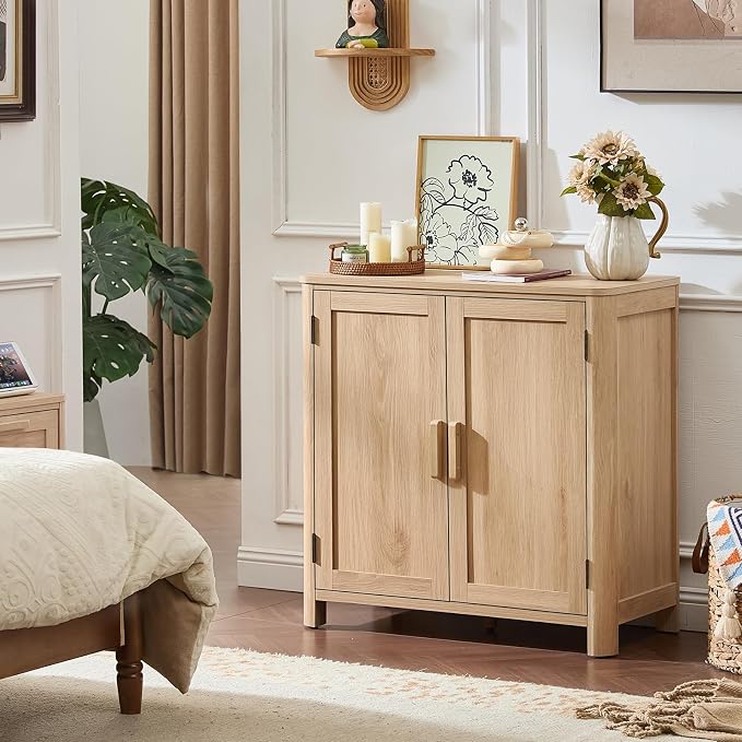 Joaxswe Sideboard Buffet Cabinet with Storage, 31.5" Arc-Shaped Credenza with 2 Doors & Adjustable Shelves, Mid Century Modern Coffee Bar Storage Cabinet for Kitchen, Living Room, Natural