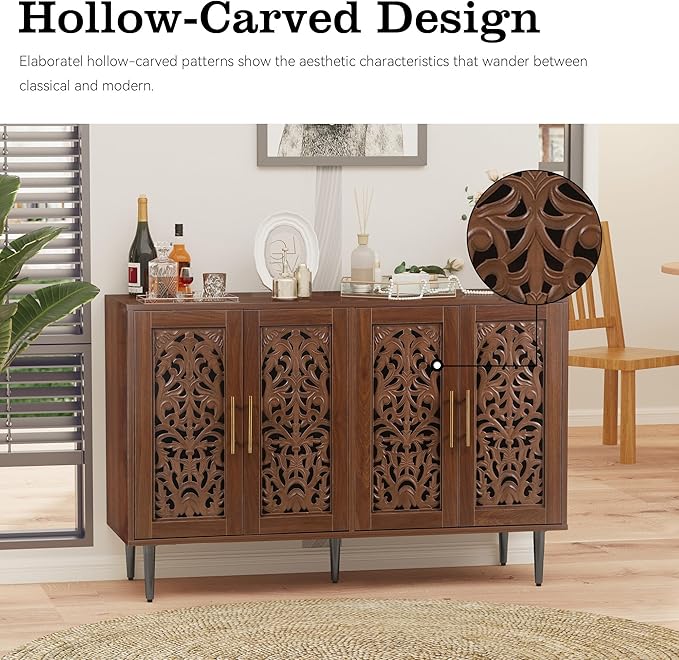 ARTPOWER 47.8" Accent Cabinet with 4 Doors, Vintage Hollow Carving Buffet Cabinet, Sideboards and Buffets with Storage, Credenza for Living Room, Kitchen, Dining Room, Entryway, Hallway, Brown