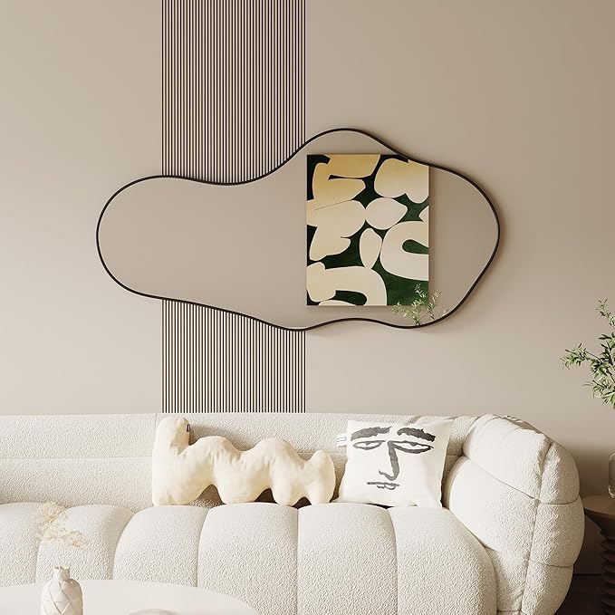 Asymmetrical Wall Mirrors -28''×55'' Irregular Decorative Aluminum Alloy Framed Mirror Artistic Cloud Mirrors Wavy Mirror for Bathroom, Bedroom, Living Room, Cloakroom（Black）