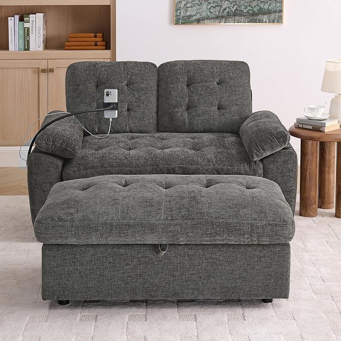 Oversized Chaise Lounge Chair Indoor, Double Convertible Recliner Reading Arm Sofa Chair W/Adjustable Backrest & Charging Port Couch Bed for Living Room, Home Theater & Bedroom, Grey