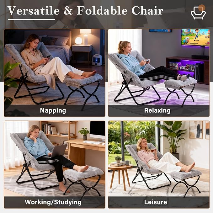 Furlide Saucer Chair with Ottoman, Oversized Foldable Faux Fur Chair, X-Large Soft Dorm Chair, Patio, Study, Playroom (Grey)