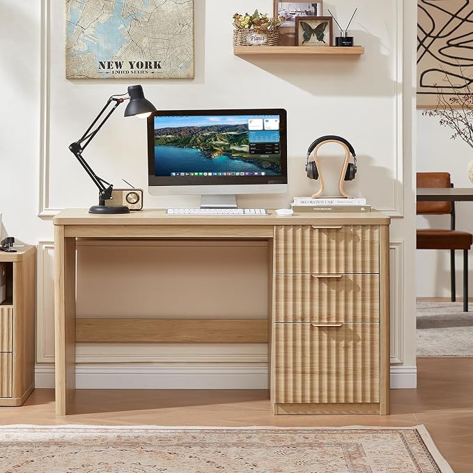 LEYAOYAO Office Desk 48" with 3 Drawers Storage File Cabinet Wood Fluted Desk for Computer Office Bedroom Home Furniture Natural