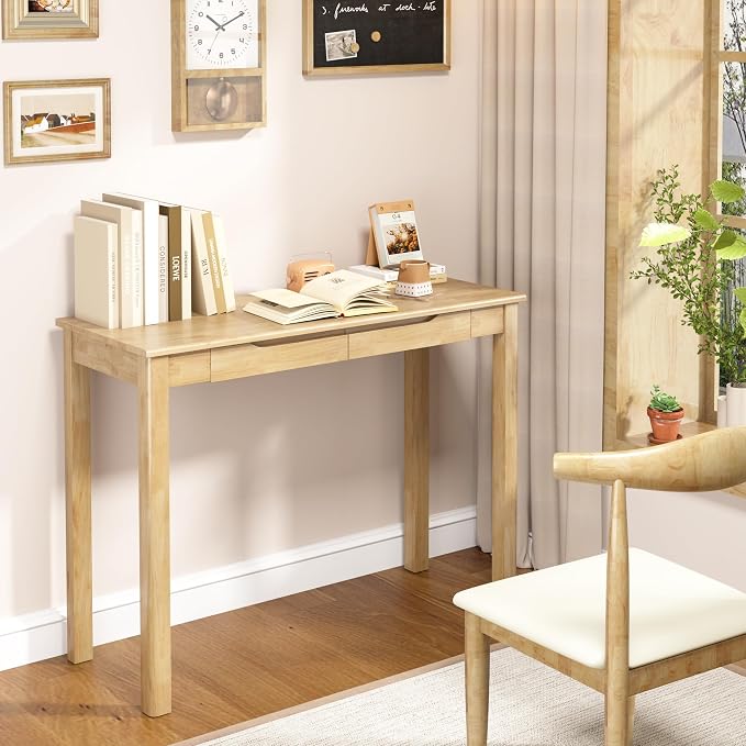 Solid Wood Desk with Drawers - 39 x 16 Inch Boho Narrow Desks, Mid Century Modern Desks, Rubber Wood Study Table, Small Writing Desk for Bedroom|Small Spaces, Natural