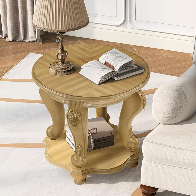 22'' Round End Table Solid Wood Sofa Side Table with Storage Shelf, Antique Natural Living Room Corner Table Retro Accent Table, Easy Assemble Round Bedside Table Night Stand for Small Space