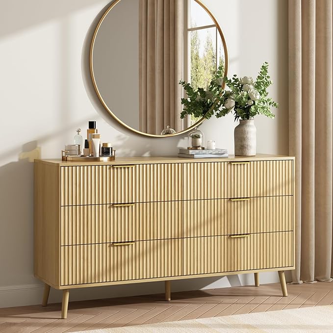 CARPETNAL Fluted Dresser and Nightstand Sets for Bedroom, 3 Pcs Bedroom Set, 6-Drawer Dresser & 2-Drawer Nightstand Set of 2, Modern Wood Chest of Drawers for Living Room, Entryway, Oak
