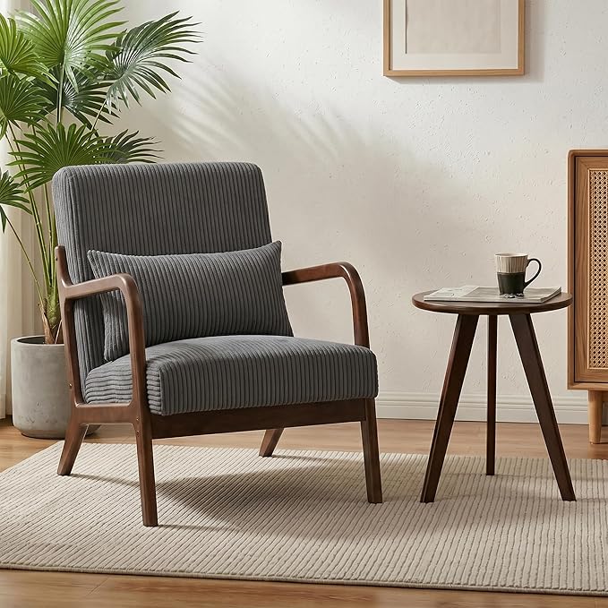 Mid Century Modern Accent Chair with Side Table, Upholstered Corduroy Armchair with Lumbar Pillow, Solid Rubberwood Frame for Living Room, Bedroom, Reading Nook, Dary Grey/Walnut