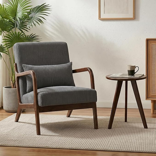 Mid Century Modern Accent Chair with Side Table, Upholstered Corduroy Armchair with Lumbar Pillow, Solid Rubberwood Frame for Living Room, Bedroom, Reading Nook, Dary Grey/Walnut