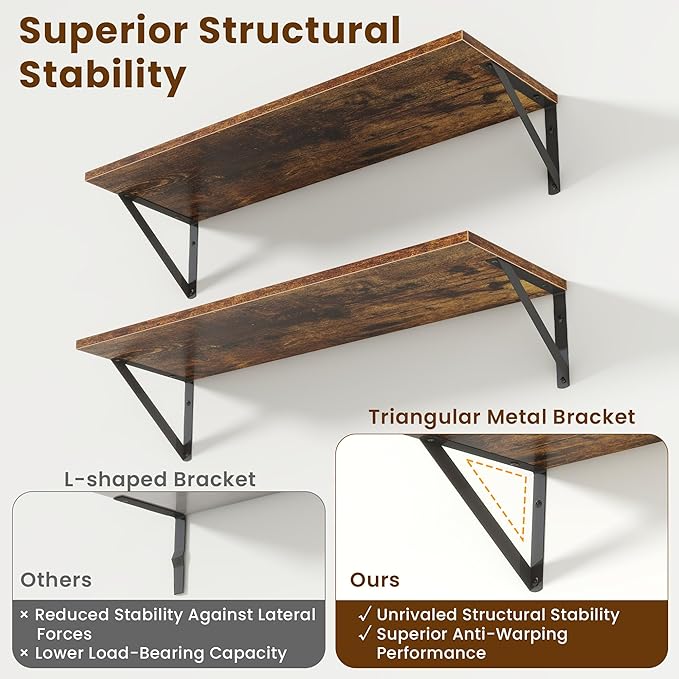 8" Deep Floating Shelves for Wall,16 inch Wood Wall Shelves Set of 2,Wide Floating Bookshelf with Sturdy Metal Brackets,Hanging Storage Floating Shelf for Living Room,Bedroom,Bathroom,Rustic Brown