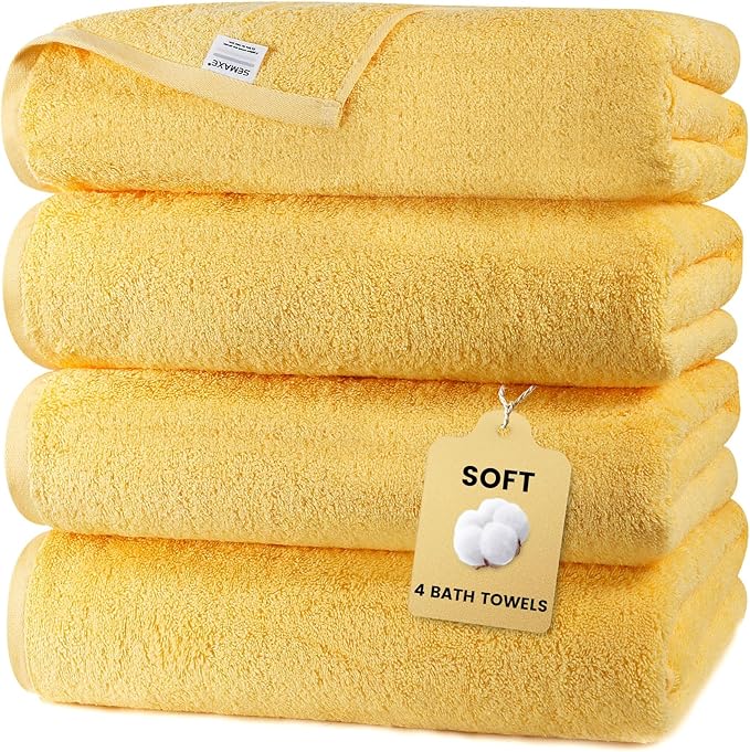 SEMAXE 4-Pack Luxury Bath Towels for Bathroom, 100% Cotton, Soft, Absorbent, and Quick-Drying, 55"x27", Yellow, Perfect for Hotels, Gyms, and Spas