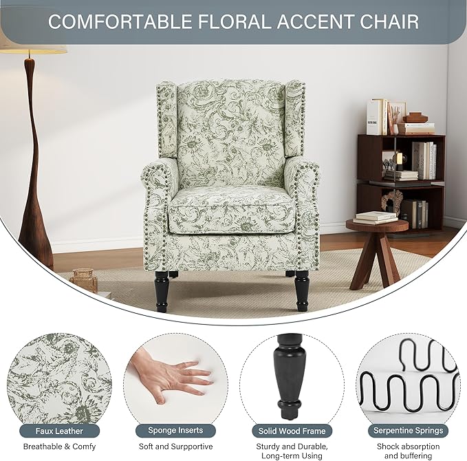High Back Accent Chair, Fabric Upholstered Armchair for Living Room, Floral Printed Wingback Arm Chair with Solid Wood Legs, Retro Nailhead Trim Single Sofa Bedroom Reading Seat - Rococo Green