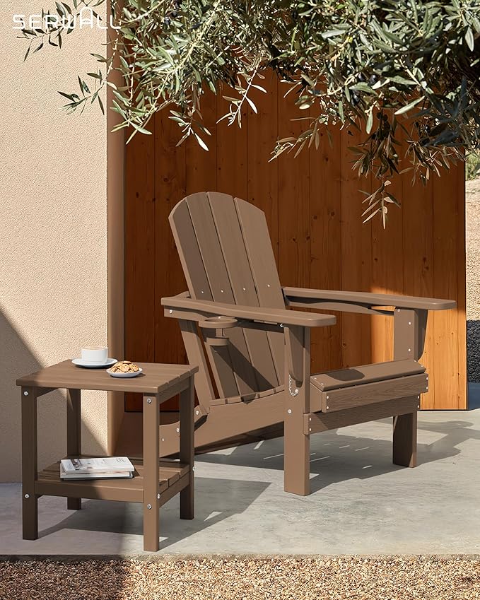 SERWALL 2-Tier HDPE Outdoor Side Tables Set of 2, Weatherproof Rectangular Adirondack Side Table, Brown