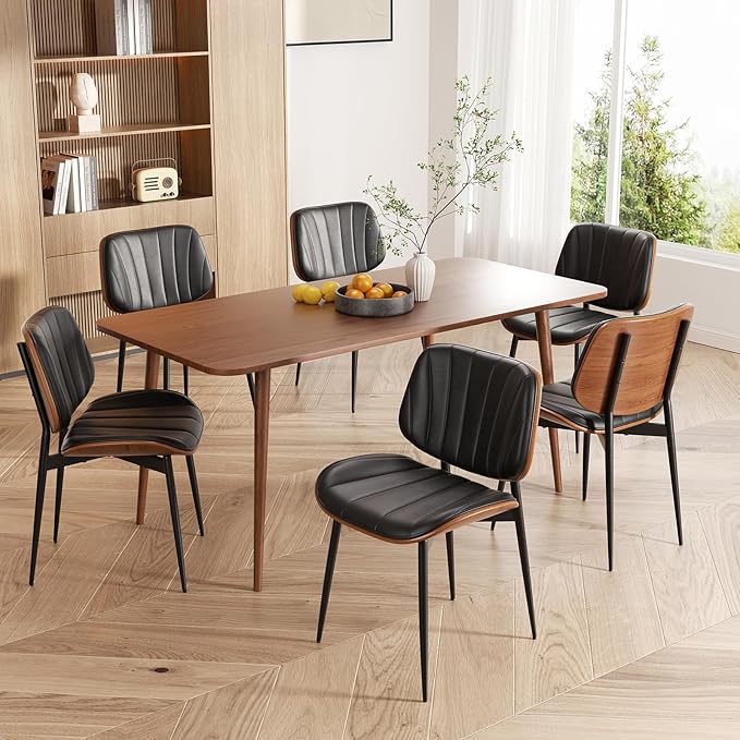 Mid Century Modern Dining Chairs Set of 8, Upholstered Faux Leather Kitchen Dining Room Living Room Chairs, Walnut Wood Bentwood Back and Metal Legs, Black