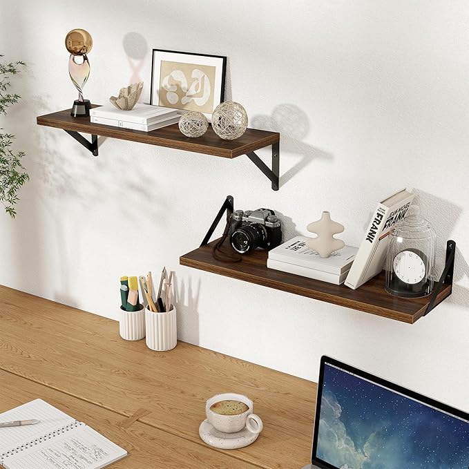 Floating Shelves, 8 Inch Deep Rustic Wood Wall Storage, 24W x 8D Wall Shelves Set of 2, Heavy Duty Metal Brackets, Industrial Book Shelf for Living Room, Kitchen, Bathroom, Bedroom, Brown