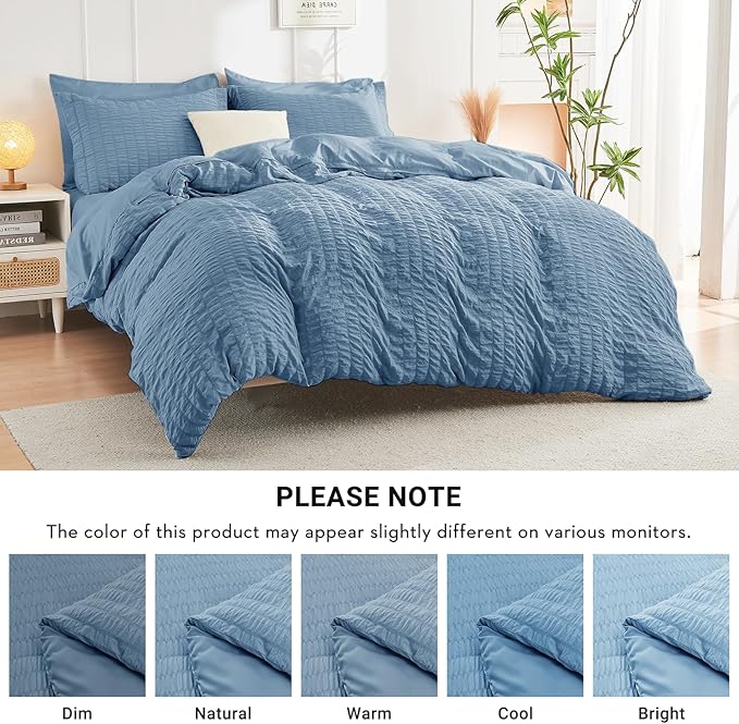 HYMOKEGE Mineral Blue Twin XL Comforter Set Seersucker 5 Pieces, All Season Luxury Bed in a Bag for Bedroom, Bedding Set with Comforter, Sheets, Pillowcase & Sham