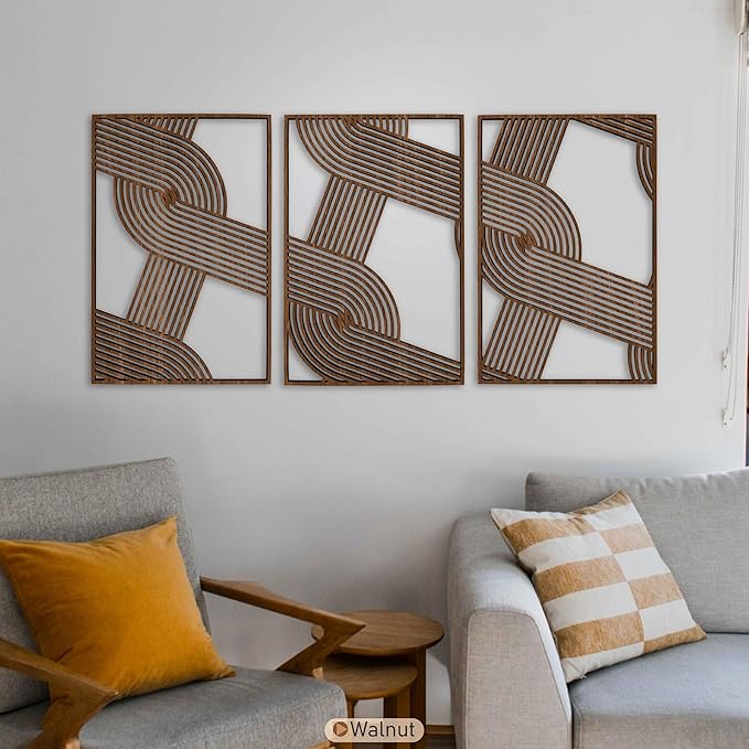 Abstract Wood Wall Art Set of 3, Geometric Overlapping Stripe Pattern, Large Mid Century Modern Wooden Panels, Minimalist Home Decor Gift