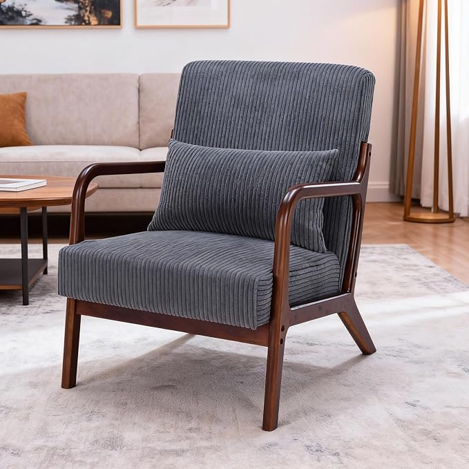Mid Century Modern Accent Chair with Solid Rubber Wood Frame, Comfy Corduroy Reading Armchair with Lumbar Pillow, 350 LBS Heavy Duty Lounge Chair for Bedroom, Living Room & Small Spaces