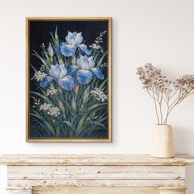 MUDECOR Framed Canvas Print Wall Art Blue Iris Botanical Floral Illustrations Minimalism Decorative Bohemian Zen for Living Room, Bedroom, Office - 16"x24" NATURAL