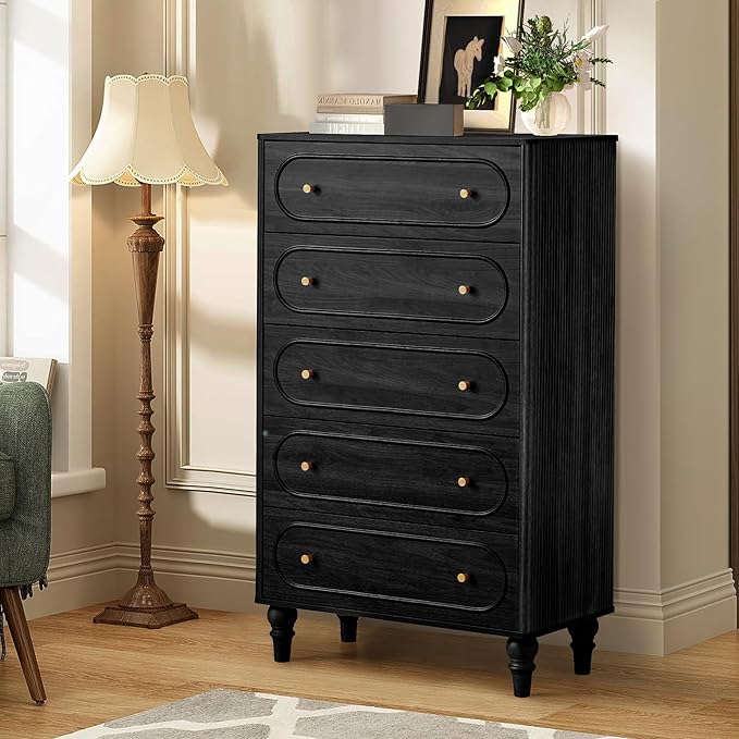 ORRD Fluted 5 Drawer Dresser for Bedroom, Mid Century Modern Chest of Drawers, Wood Storage Large Dresser Organizer for Bedroom Living Room Hallway Closet, Black