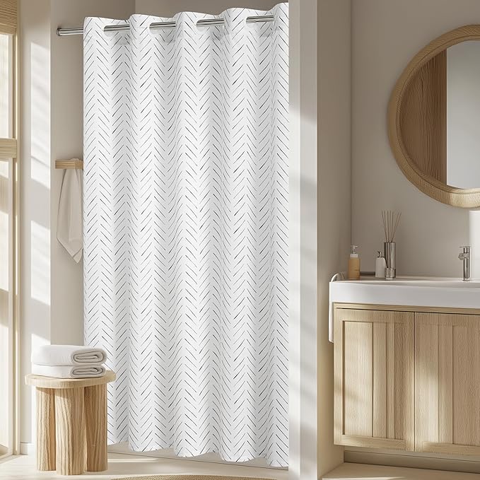 jinchan Hookless Shower Curtain Black and White Inky Herringbone Waterproof Fabric Zigzag Chevron Modern Farmhouse No Hook Shower Curtains for Bathroom 70x72 Inches