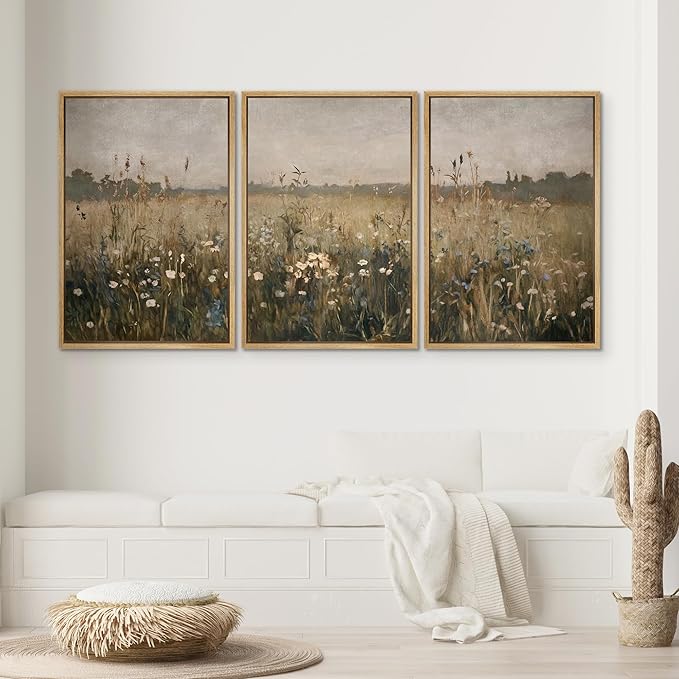 SIGNWIN Framed Canvas Print Wall Art Set Wildflower Meadow Rustic Floral Field Landscape Illustrations Modern Art Decorative Rustic Calm/Zen for Living Room, Bedroom, Office - 16"x24"x3 Natural