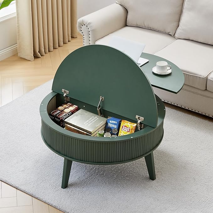 Round Lift Top Coffee Table with Storage, 35.4'' Fluted Wood Center Table Mid Century Modern Coffee Table with Lifting Top for Living Room, Office, Small Space (Green)
