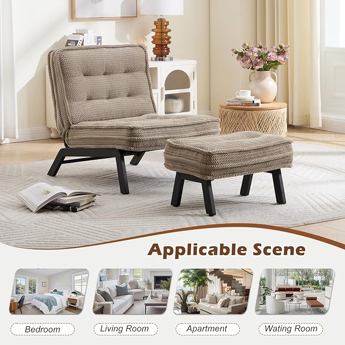 ANJ Accent Chair with Ottoman Adjustable Backrest, Khaki Living Room Chair Tufted Upholstered Lounge Chair with Footrest Set, Modern Chair Cozy Reclining Chair for Reading Room Bedroom