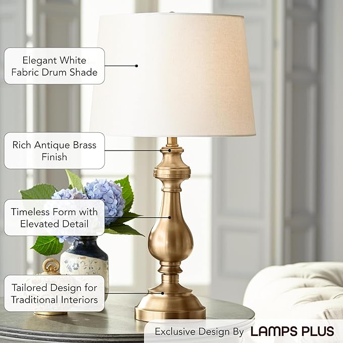 Regency Hill Fairlee Traditional Candlestick Style Table Lamps 26" High Set of 2 Antique Brass Gold White Fabric Drum Shade Decor for Living Room Bedroom House Bedside Nightstand Home Office