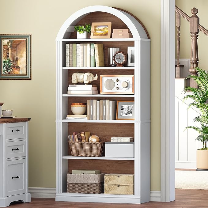 RALGEND Arched Bookshelf, 75.8" Tall Arch Bookcase with Storage, 6-Tier Farmhouse Book Shelf, Arched Cabinet, Wooden Bookshelf with Open Display Shelves, Adjustable Shelf, Office, Walnut and White