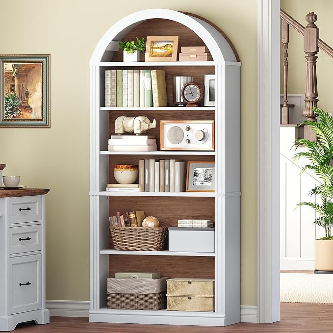 RALGEND Arched Bookshelf Set of 2, 75.8" Tall Arch Bookcase with Storage, 6-Tier Farmhouse Book Shelf, Arched Cabinet, Wooden Bookshelf with Open Display Shelves, Adjustable Shelf, White and Walnut