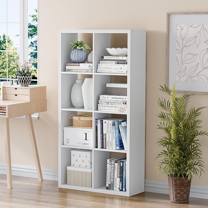 VDNEND Cube Storage Organizer Bookcase, Decorative 11 inch Open Back Cubical Shelf with Thickened Border, Display Bookshelf for Living Room, Home Office, Sturdy Room (White, 8 Cube)