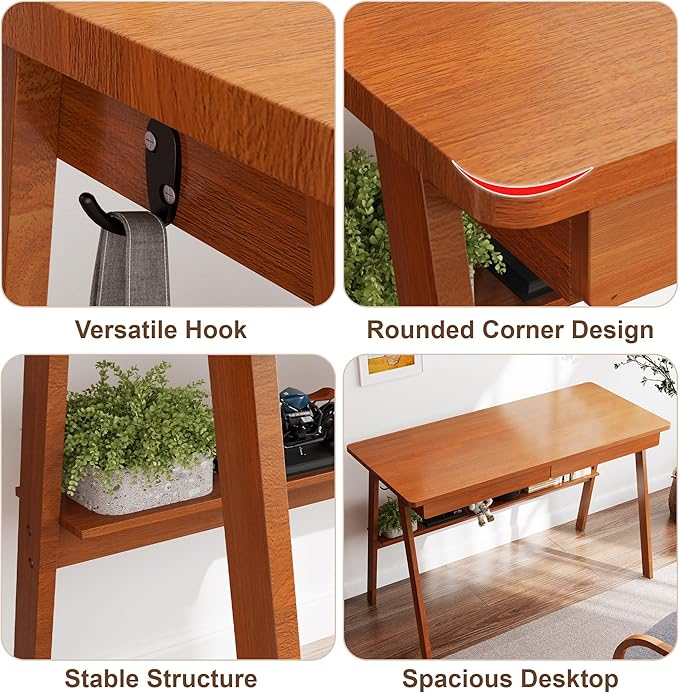 Solid Wood Desk with Drawers - 47.2 Inch Mid Century Modern Desks, Writing Desk with Storage Shelf, Home Office Desks for Bedroom & Home, Walnut Color
