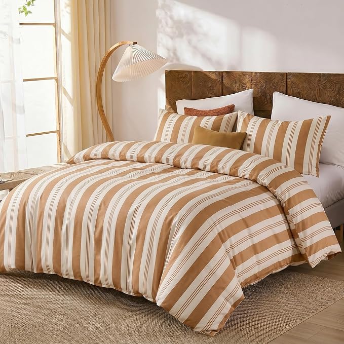 Merryword Khaki Striped Duvet Cover Set Queen Size, 100% Cotton Bedding Set with Zipper Closure & 8 Corner Ties, Awning Stripe Bedding, Soft Breathable Comforter Cover for All Seasons
