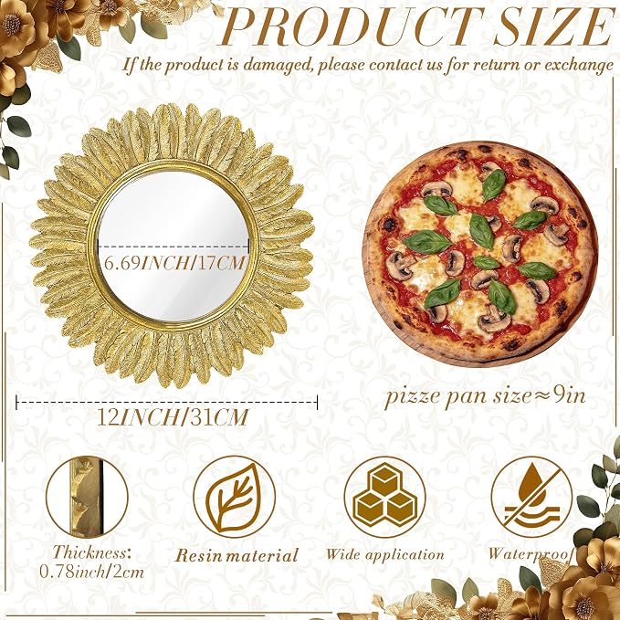 Pack of 1 Gold Round Wall Mirror 12 inch - Small Feather Decorative Wall Mirror,Vintage Sunburst Boho Wall Decor Mirror for Bedroom,Living Room,Entryway,Hallway,Dressing Table