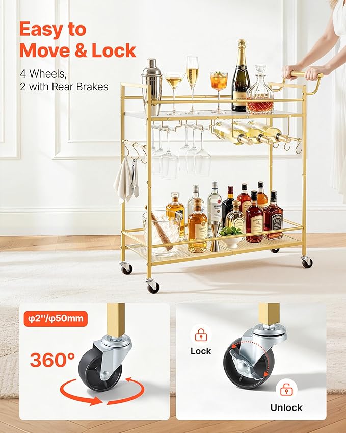 VEVOR Bar Cart, 2 Tiers Home Kitchen Serving Carts, Modern Rolling Utility Station on Wheel, Mobile Drink Beverage Trolley with Wooden & Mesh Shelf, Wine Rack, Glass Holder, 33.86x11.81x32.68 in, Gold