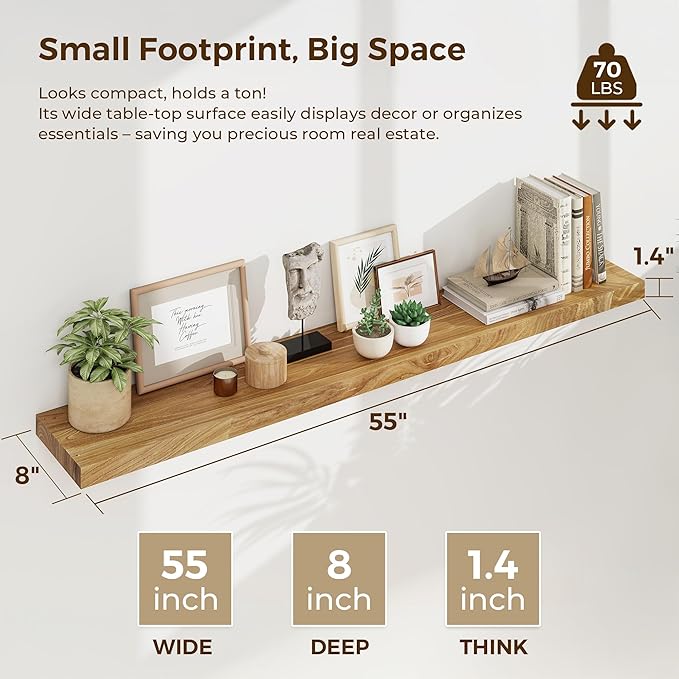 55 Inch Floating Shelves for Wall, Solid Elm Wood Wall Shelf for Home Decor, 8 Inch Deep Floating Shelf for Storage, 55 x 8 Wooden Shelves for Bathroom Living Room Kitchen, Natural Color, Set of 1