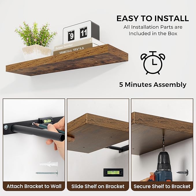 Dreamland 48 inch Floating Shelves for Wall Large Wall Mounted Shelves with Invisible Brackets, Brown Long Shelves for Bathroom, Living Room, Kitchen, Office, 48x9.1 inch deep Set of 2