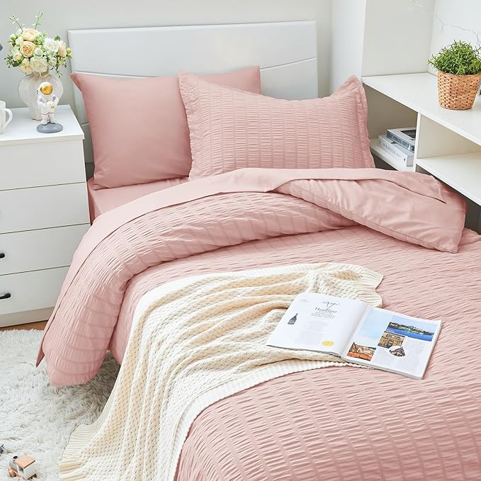HYMOKEGE Rose Gold Twin XLComforter Set Seersucker 5 Pieces, All Season Luxury Bed in a Bag for Bedroom, Bedding Set with Comforter, Sheets, Pillowcase & Sham
