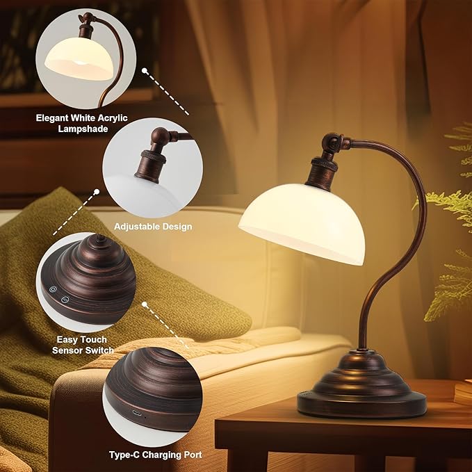 Cordless LED Table Lamp, 180° Swing Arm Desk Lamp, Rechargeable, Dimmable/3 Color/Memory Function, Vintage Rechargeable Table Light for Living Room,Bedroom,Bedside, Oil Rubbed Bronze