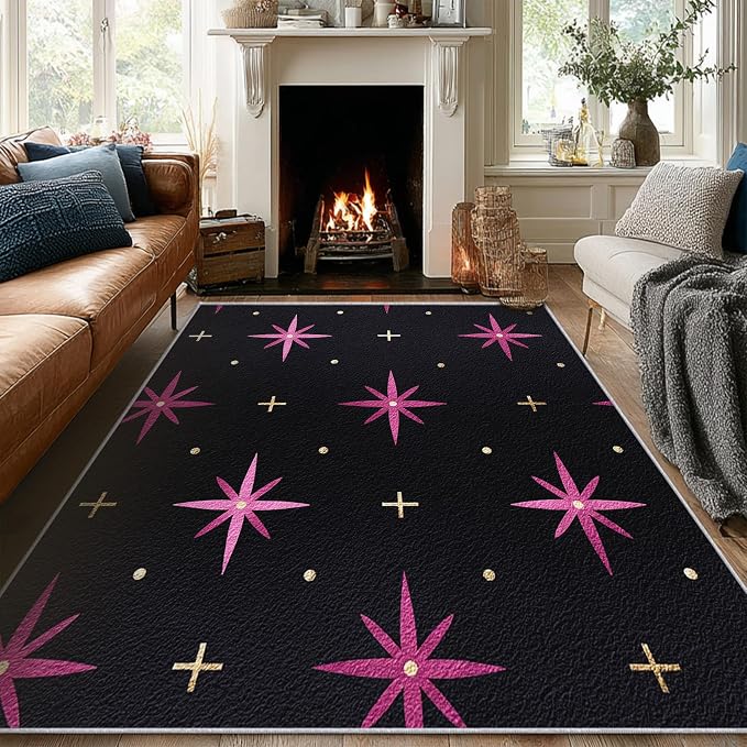 Atomic Rugs 5x7, Mid Century Modern Retro Washable 5 x 7 Area Rug for Living Room, Bedroom, Low Pile Non Slip Stain Resistant Carpet, Atomic Starburst Home Decor Accessories & M854