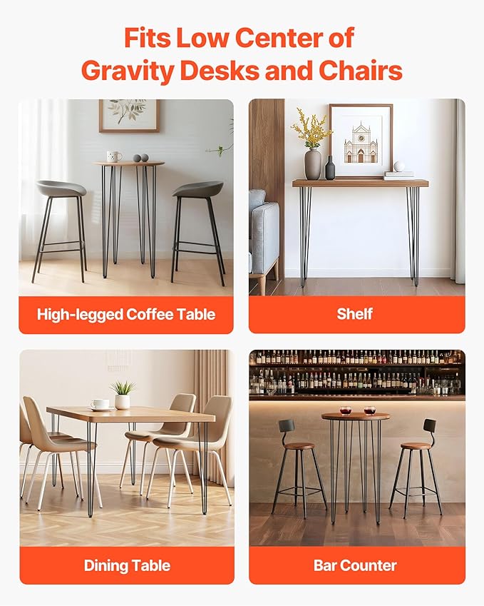 VEVOR Hairpin Table Legs 34" Black Set of 4 Desk Legs 880lbs Load Capacity (Each 220lbs) Hairpin Desk Legs 3 Rods for Bench Desk Dining End Table Chairs Carbon Steel DIY Heavy Duty Furniture Legs