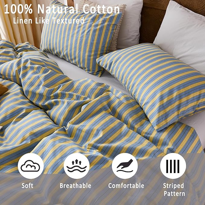 Merryword 100% Cotton Duvet Cover Set Queen Size, Blue & Yellow Striped Bedding Set with Zipper Closure and 8 Corner Ties, Modern Coastal Style Comforter Cover Set 3 Pieces