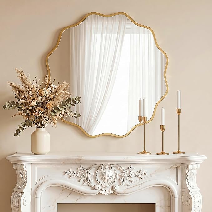 PERFNIQUE Gold Scalloped Mirror, 30'' Round Wall Mirrors Wavy Wood Framed with Tempered Glass for Bathroom Nursery Bedroom Living Room Entryway, Decorative Modern Wall Decor