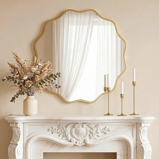 PERFNIQUE Gold Scalloped Mirror, 30'' Round Wall Mirrors Wavy Wood Framed with Tempered Glass for Bathroom Nursery Bedroom Living Room Entryway, Decorative Modern Wall Decor