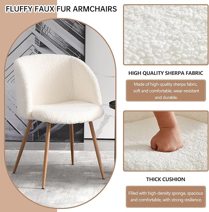 5 Piece Modern Round Dining Table and 4 Off White Barrel Kitchen Chairs Set, 47" Kitchen Table Wooden with Oak Veneer Tabletop, Faux Fur Sherpa Round Dining Chairs Table Set, Metal Frame
