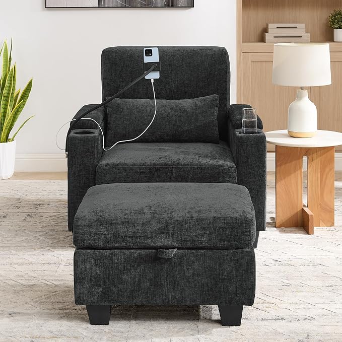 Oversized Chaise Lounge Chair Indoor, Single Convertible Recliner Reading Arm Sofa Chair W/Adjustable Backrest & Charging Port Couch Bed for Living Room, Home Theater & Bedroom, Black