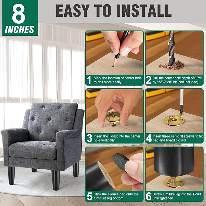 FoDau770 Black Rubber Wood Furniture Legs 8 Inches, 5/16" UNC Straight Tapered Wood Feet Mid Century Sofa Legs, Wooden Furniture Feet Replacement Parts for Cabinet Couch Dresser Chair Ottoman Table