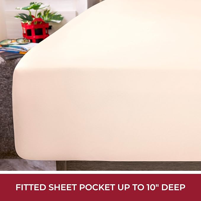 Mellanni RV Short Queen Sheets - 4 PC Iconic Collection Bedding - Hotel Luxury, Extra Soft, Cooling Bed Sheets - Deep Pocket up to 10 inch (RV/Short Queen, Beige)