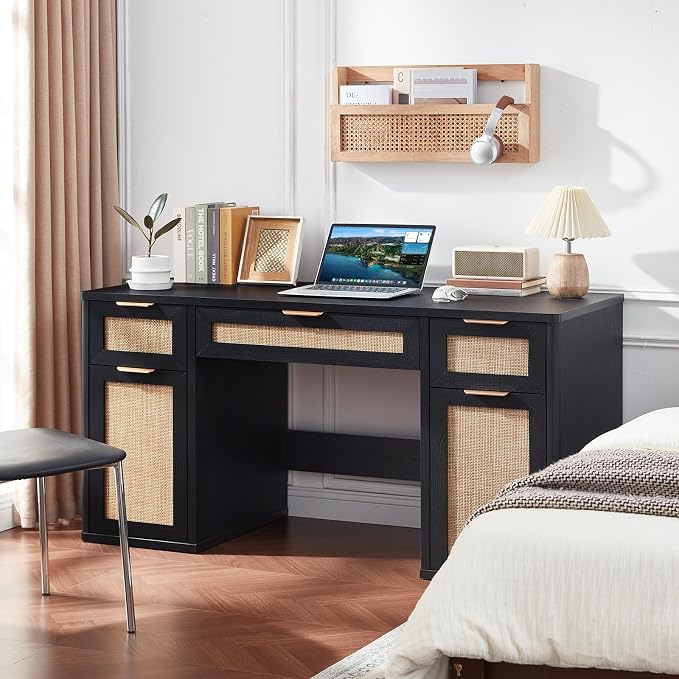LEYAOYAO Office Desk 56" with 5 Drawers Storage File Cabinet Rattan Wood Desk for Computer Office Bedroom Home Furniture Black