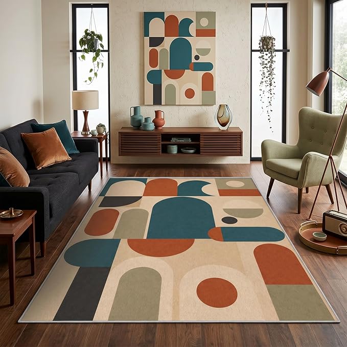 Teal Rust Area Rug 2x3, Mid Century Modern Mosaic Geometric Rug, Retro Abstract Color Block Washable Low Pile Non Slip Rug for Living Room Bedroom